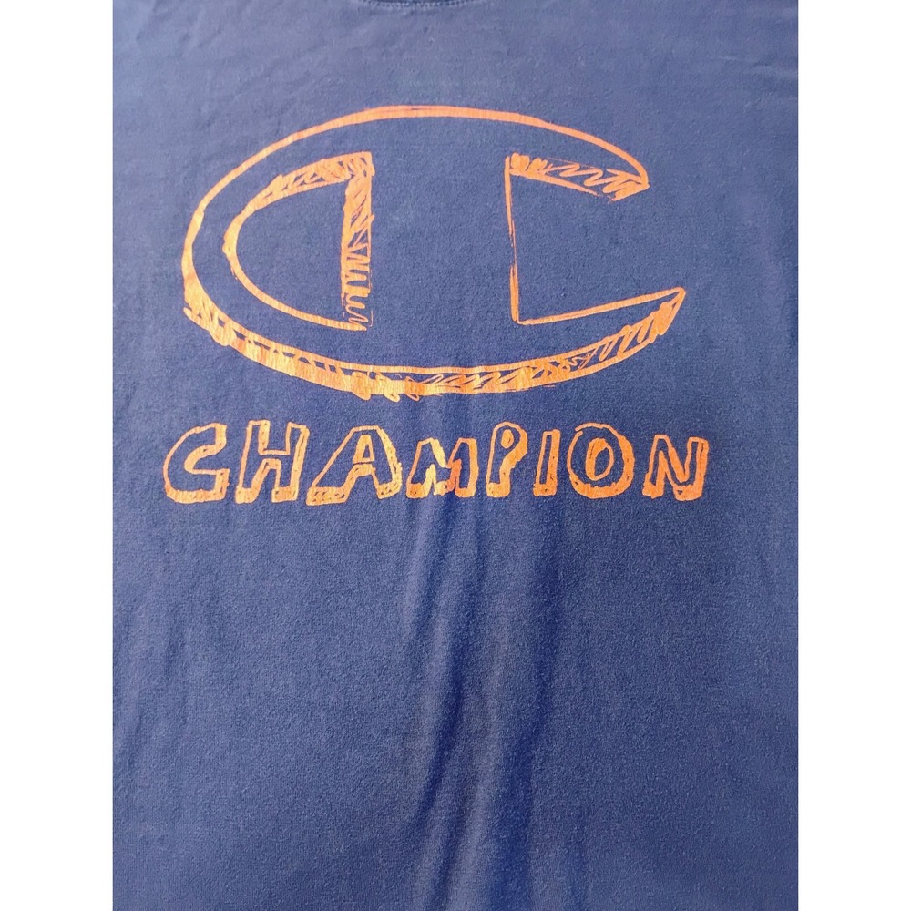 VTG Champion T-Shirt Men's L/XL Navy Blue Orange Large C Logo Athletic Tee Y2K - Picture 3 of 5